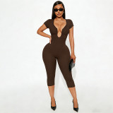 U-shaped collar, sleeves, solid color, elastic zipper, seven part jumpsuit
