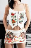 PU Leather Neck Strap Tight Waist Printed Set