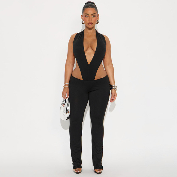 Deep V-sleeveless jumpsuit with low waist and slightly flared pants two-piece set