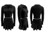 Zipper short top, ruffle edge pants skirt, half skirt set