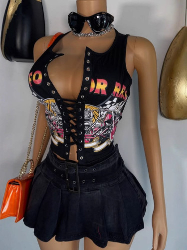 Printed drawstring T-shirt vest