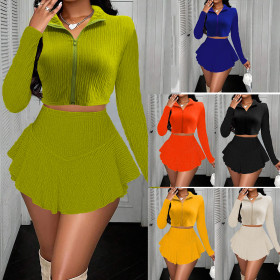Zipper short top, ruffle edge pants skirt, half skirt set