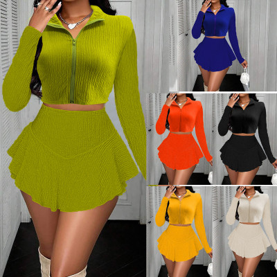 Zipper short top, ruffle edge pants skirt, half skirt set