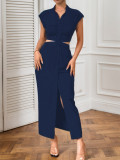 Hollow waist cinched stand up collar cardigan dress with exposed waist