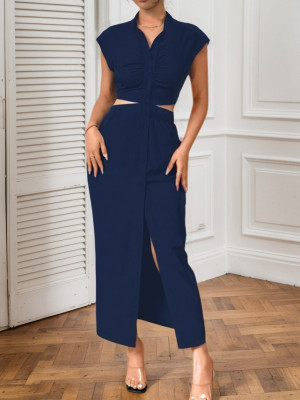 Hollow waist cinched stand up collar cardigan dress with exposed waist