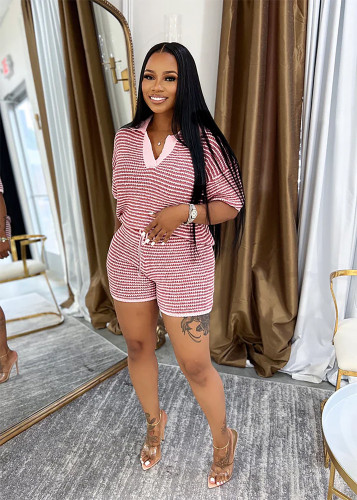 Mid sleeve V-neck striped knit top high waisted shorts set
