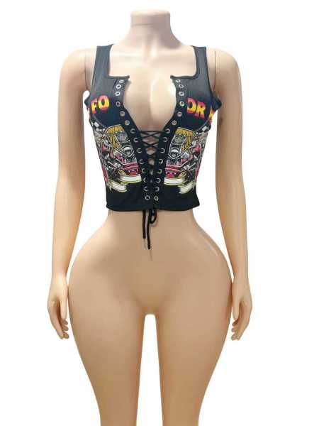 Printed drawstring T-shirt vest