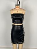 Chest hugging short skirt leather set