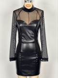 Mesh patchwork leather tight dress