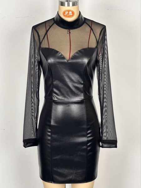 Mesh patchwork leather tight dress
