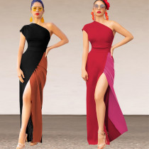 Color blocked one shoulder long dress Color blocked one shoulder long dress
