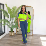 Cowboy patchwork color stand up collar zipper top wide leg pants two-piece set