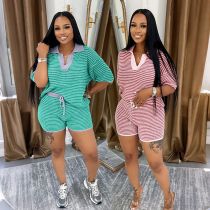 Mid sleeve V-neck striped knit top high waisted shorts set