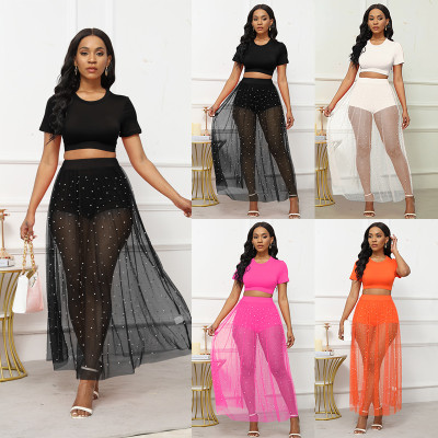 Nail Pearl Perspective Mesh Skirt Short Sleeve Waist T-shirt Three Piece Set