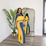 Cowboy patchwork color stand up collar zipper top wide leg pants two-piece set