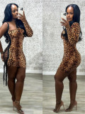 Printed diagonal collar strap wrapped hip dress