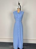 Hollow waist cinched stand up collar cardigan dress with exposed waist