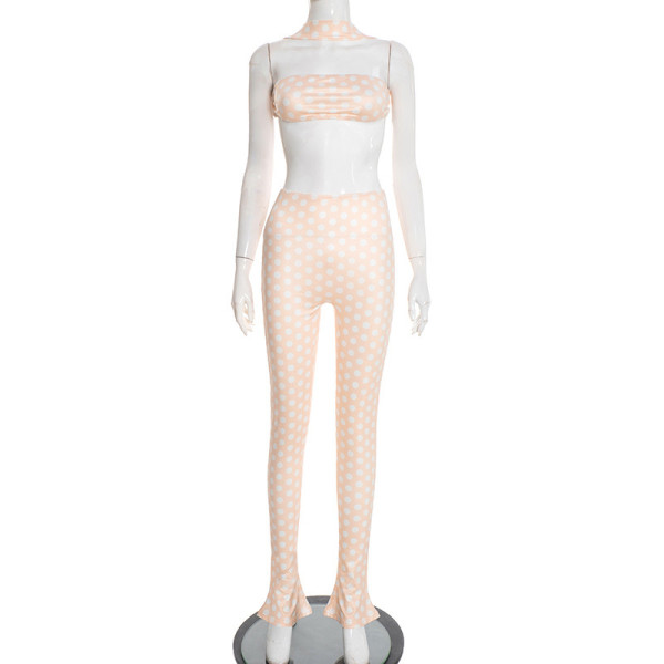 Wave print hanging neck vest, backless top, tight pants two-piece set