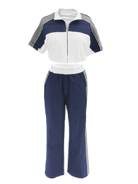 Cowboy patchwork color stand up collar zipper top wide leg pants two-piece set