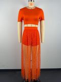 Nail Pearl Perspective Mesh Skirt Short Sleeve Waist T-shirt Three Piece Set