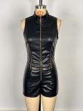 Sleeveless leather jumpsuit