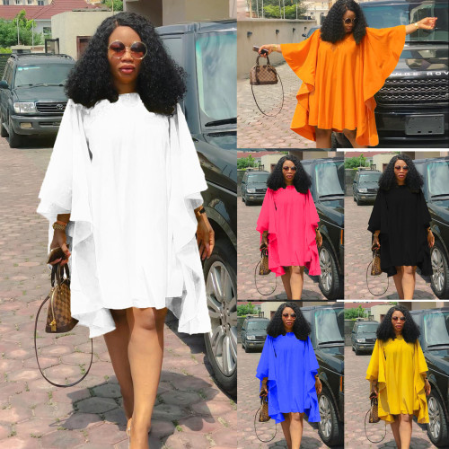 Large batball sleeve loose pleated long sleeved dress