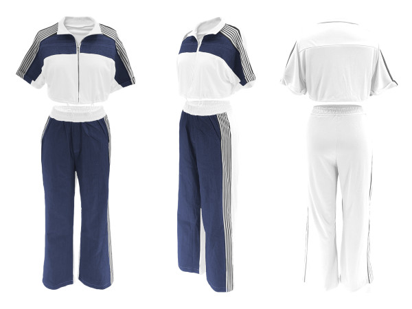 Cowboy patchwork color stand up collar zipper top wide leg pants two-piece set