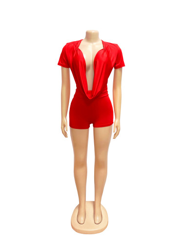 Deep V solid color waist bag hip shorts jumpsuit