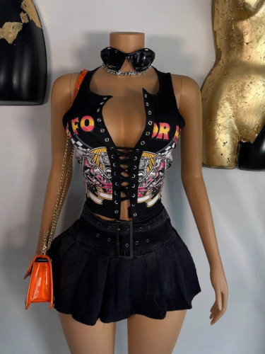 Printed drawstring T-shirt vest