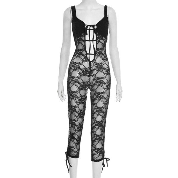 Strap lace hollow lace cross hanging neck seven part jumpsuit with exposed back