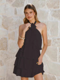 Backless hanging neck three-dimensional floral ruffle edge dress