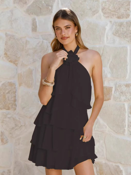 Backless hanging neck three-dimensional floral ruffle edge dress