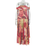 Printed pleated bag hip skirt strapless slanted neck vacation long dress