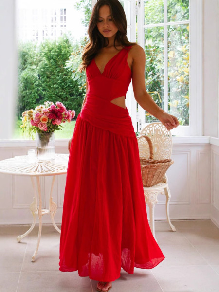 V-neck sleeveless solid color splicing large swing long dress