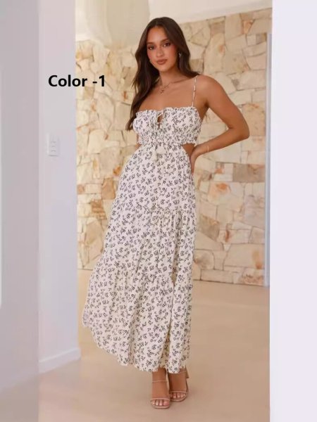 V-neck sleeveless solid color splicing large swing long dress