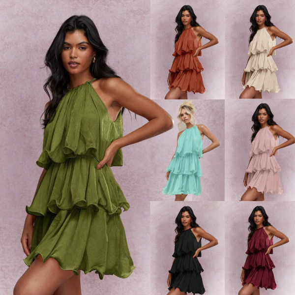 Hanging neck sleeveless chiffon ruffle edge dress