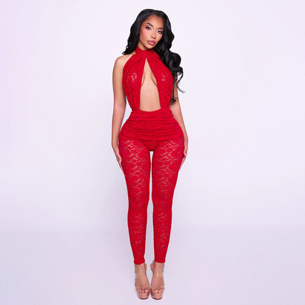 Backless hollow lace jumpsuit