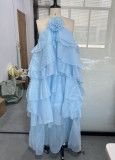 Three dimensional flower hanging neck, backless lotus leaf edge long skirt