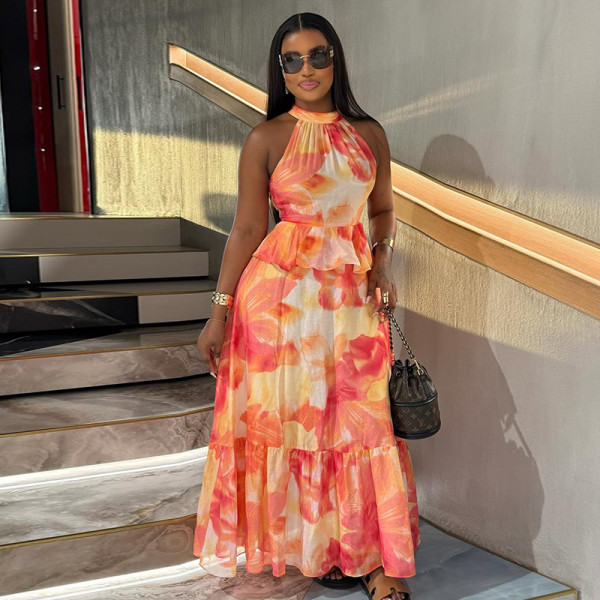 Printed waist cinching A-line skirt round neck sleeveless long dress