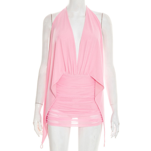 Fake two mesh neck hanging backless dresses