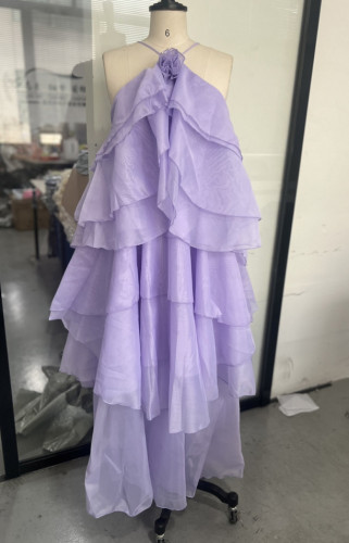 Three dimensional flower hanging neck, backless lotus leaf edge long skirt