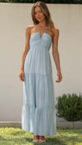 Strap V-neck long patchwork dress