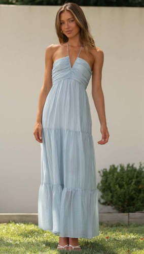 Strap V-neck long patchwork dress