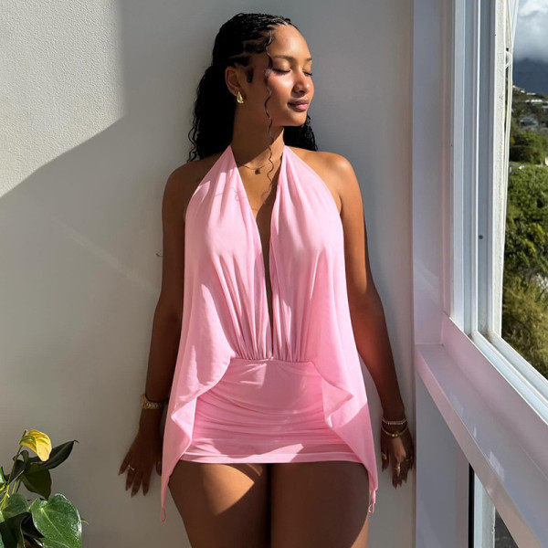 Fake two mesh neck hanging backless dresses