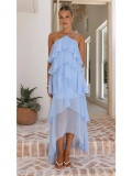 Hanging neck solid color cake chiffon dress