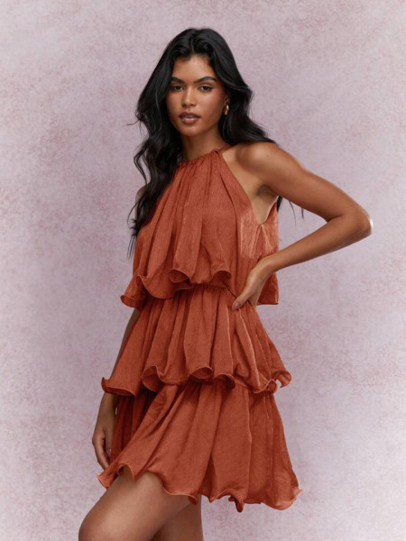 Hanging neck sleeveless chiffon ruffle edge dress