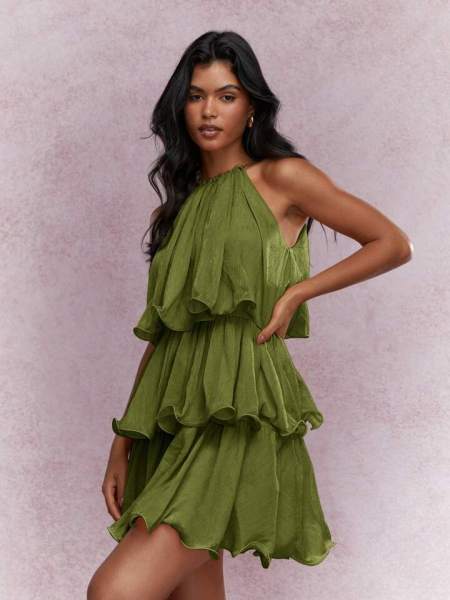 Hanging neck sleeveless chiffon ruffle edge dress