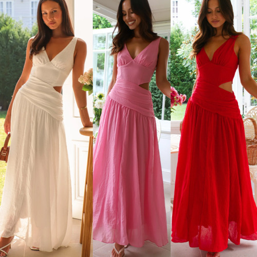 V-neck sleeveless solid color splicing large swing long dress