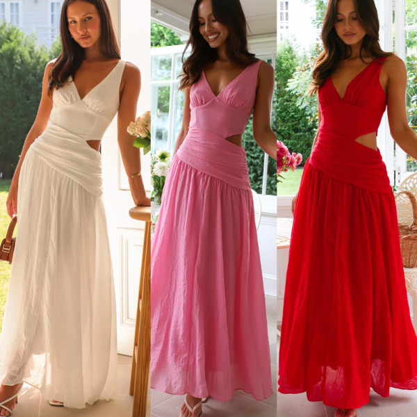 V-neck sleeveless solid color splicing large swing long dress