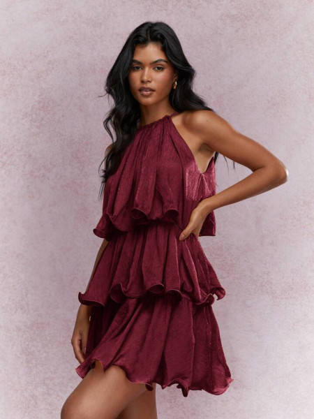 Hanging neck sleeveless chiffon ruffle edge dress